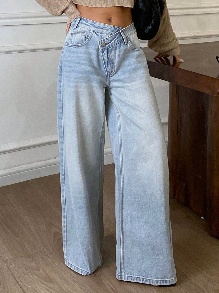 Light Wash Casual Women's Low-Waist Design Waistband Straight-Leg Jeans